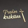Aukso spalvos torto papuošimas „Fredo krikštas“ su atskiru kryžiumi.
