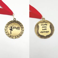 Baleto akademijos medalis su raudona juostele, parodytas iš abiejų pusių.