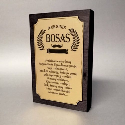 Aukso atspalvio lentelė „Bosas“ tamsiame rėmelyje.