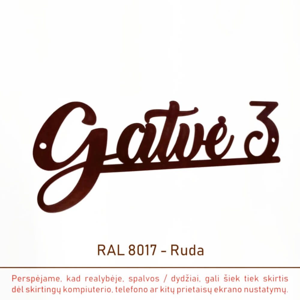 Rudos spalvos gatvės užrašo „Gatvė 3“ pavyzdys, RAL 8017.