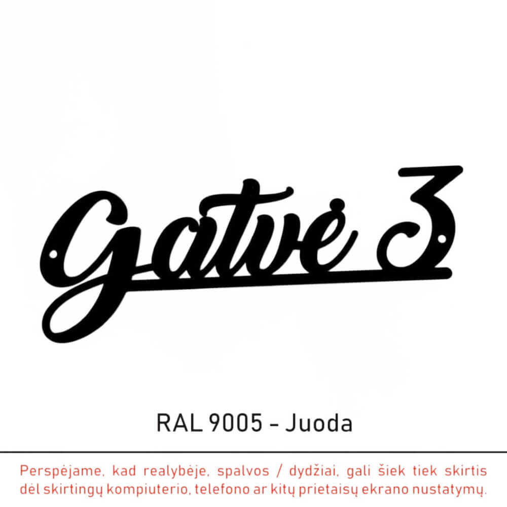 Juodos spalvos gatvės užrašo „Gatvė 3“ pavyzdys, RAL 9005.