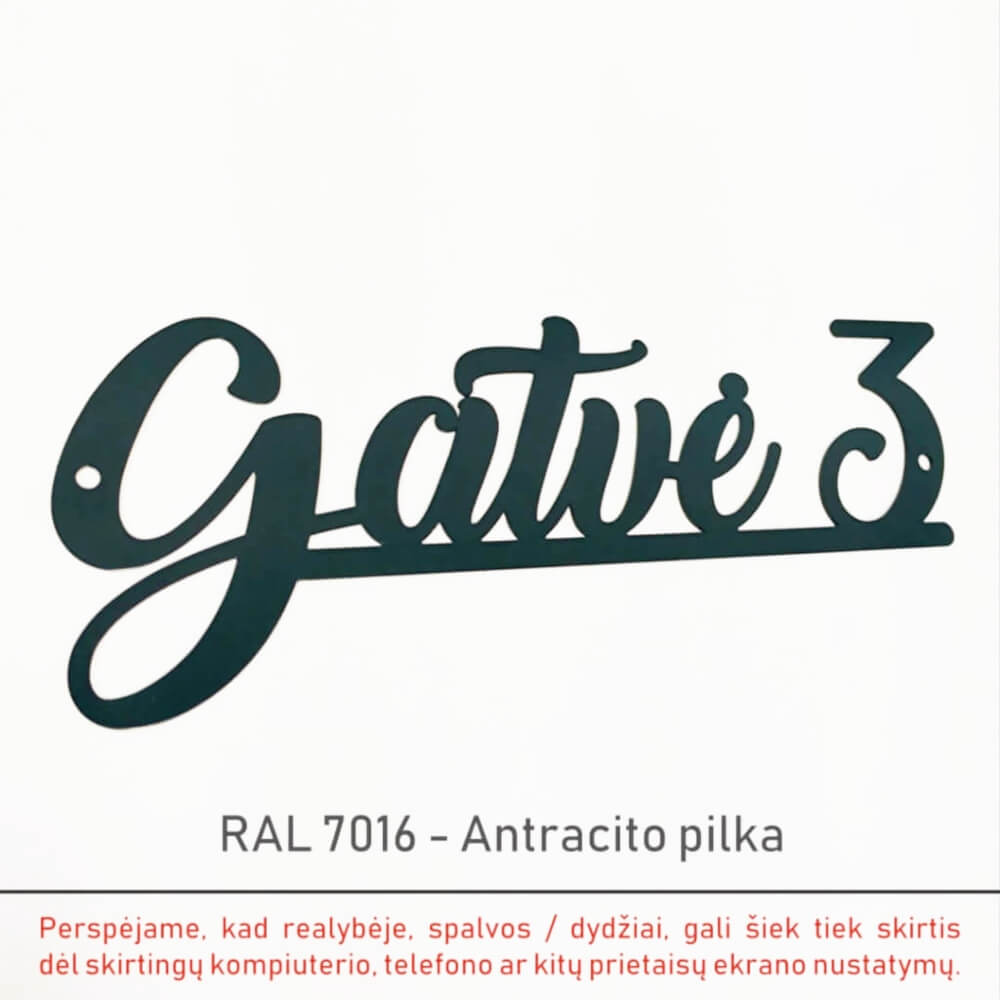 Antracito pilkos spalvos gatvės užrašo „Gatvė 3“ pavyzdys, RAL 7016.