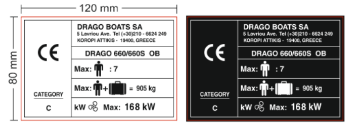 Laivo DRAGO 660/660S OB lentelės maketas su 120 × 80 mm matmenimis