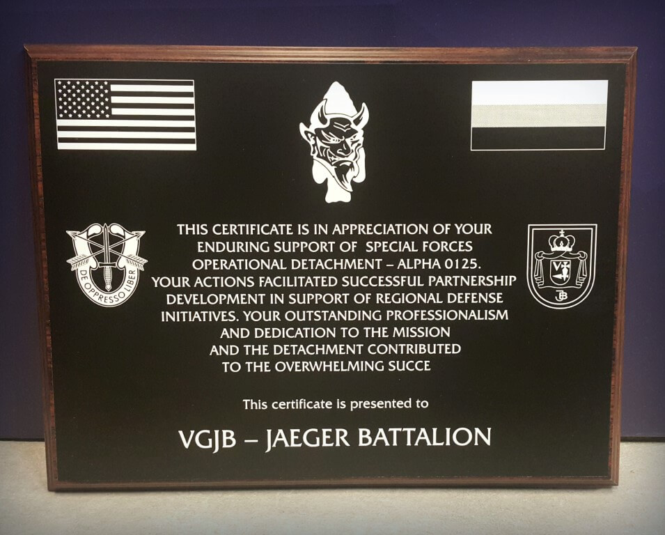 Įrėminta tamsi padėkos plaketė su šviesiu tekstu, vėliavomis ir emblemomis