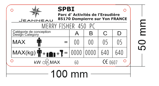 Jeanneau Merry Fisher 450 PC lentelės maketas 100 × 50 mm su keturiomis skylių vietomis
