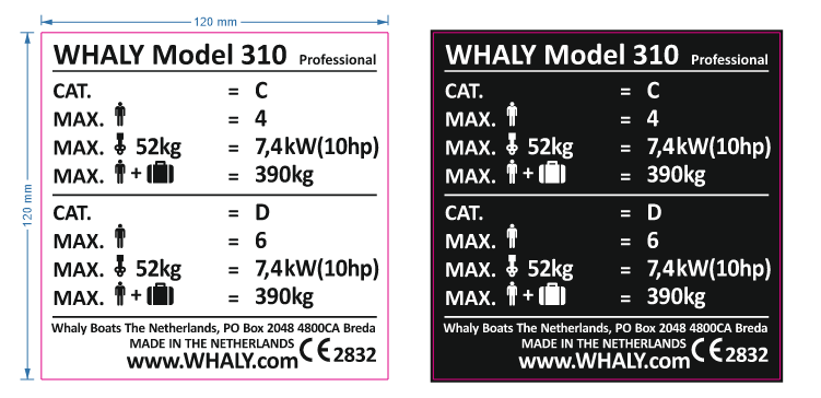 Laivo WHALY Model 310 lentelės maketas su 120 × 120 mm matmenimis ir dviem fono variantais