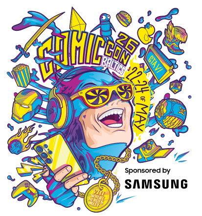 Spalvinė „Comic Con Baltics“ grafika su personažu, ausinėmis, akiniais ir smulkiais simboliais