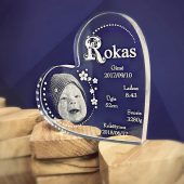 Širdies formos plaketė su graviruota naujagimio nuotrauka