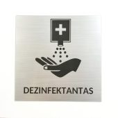 Sidabro spalvos Rowmark lentelė „Dezinfektantas“ su rankų dezinfekavimo simboliu